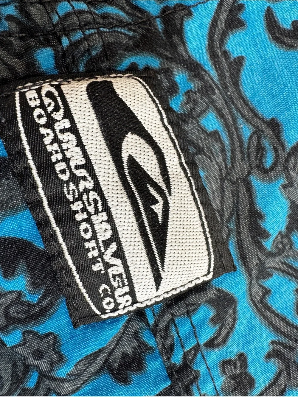 VTG Quiksilver Boardshorts Men 34 Blue Floral Baroque Surf Made in USA 1980s